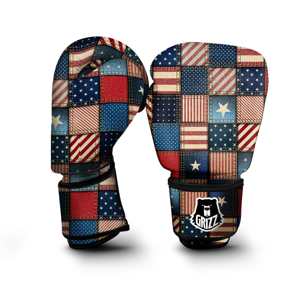 Patchwork Denim American Print Pattern Boxing Gloves-grizzshop