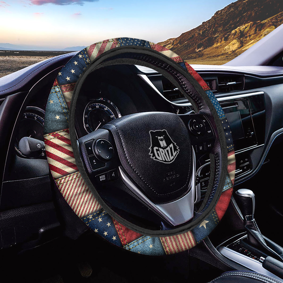 Patchwork Denim American Print Pattern Car Steering Wheel Cover-grizzshop