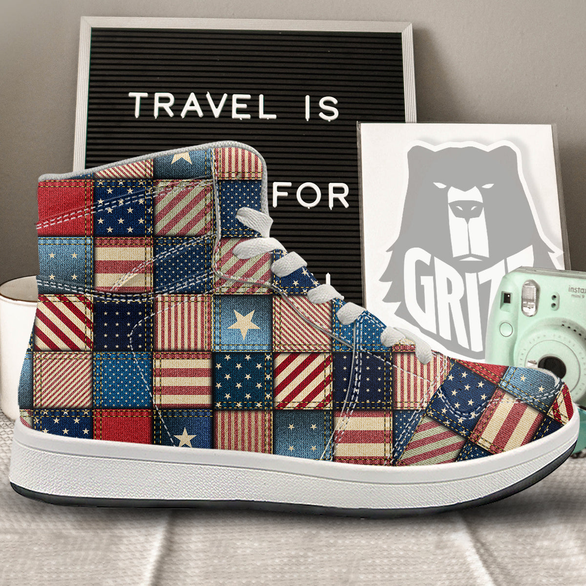 Patchwork Denim American Print Pattern High Top Sneakers-grizzshop