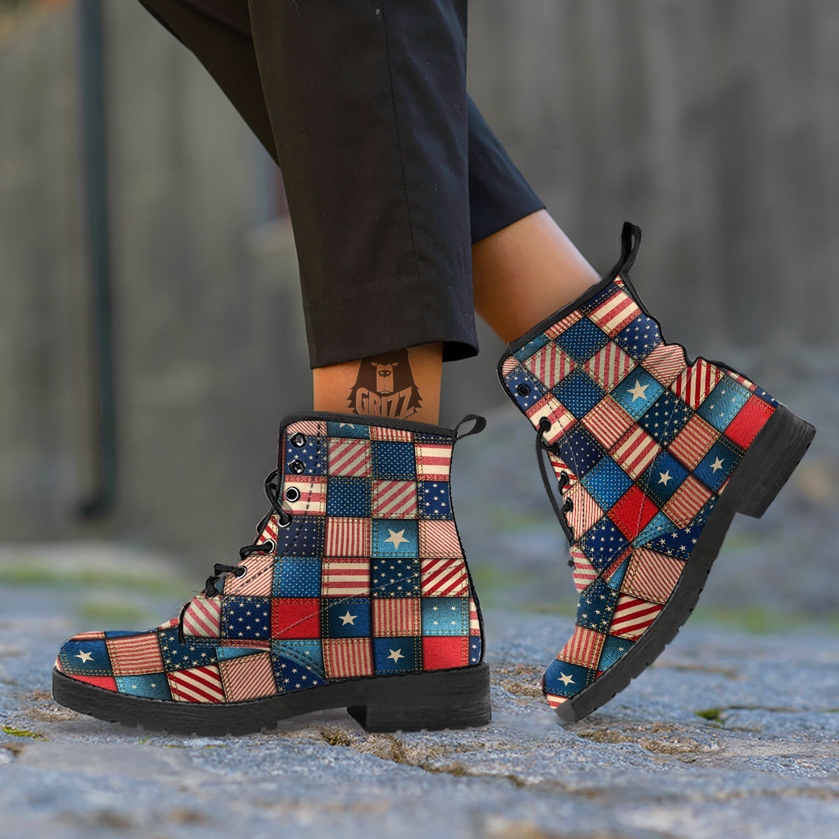 Patchwork Denim American Print Pattern Leather Boots-grizzshop