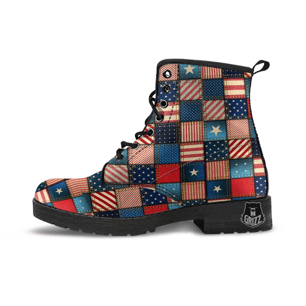 Patchwork Denim American Print Pattern Leather Boots-grizzshop