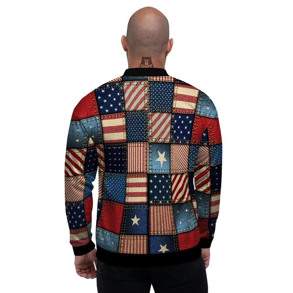 Patchwork Denim American Print Pattern Men's Bomber Jacket-grizzshop