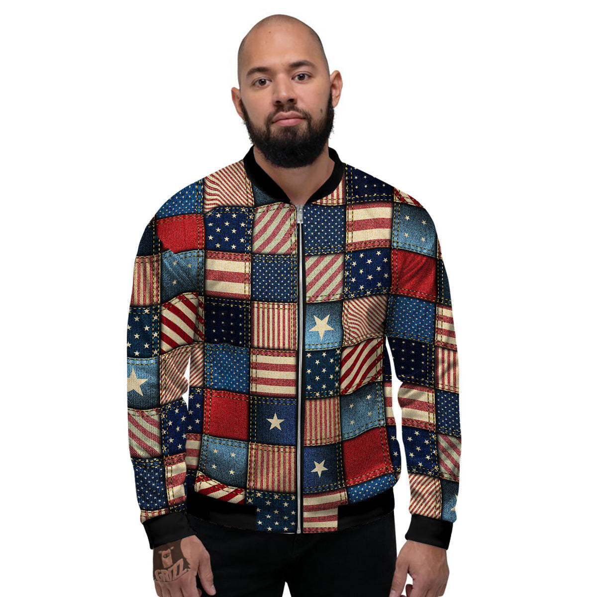 Patchwork Denim American Print Pattern Men's Bomber Jacket-grizzshop