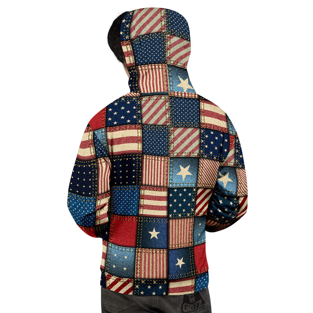 Patchwork Denim American Print Pattern Men's Hoodie-grizzshop