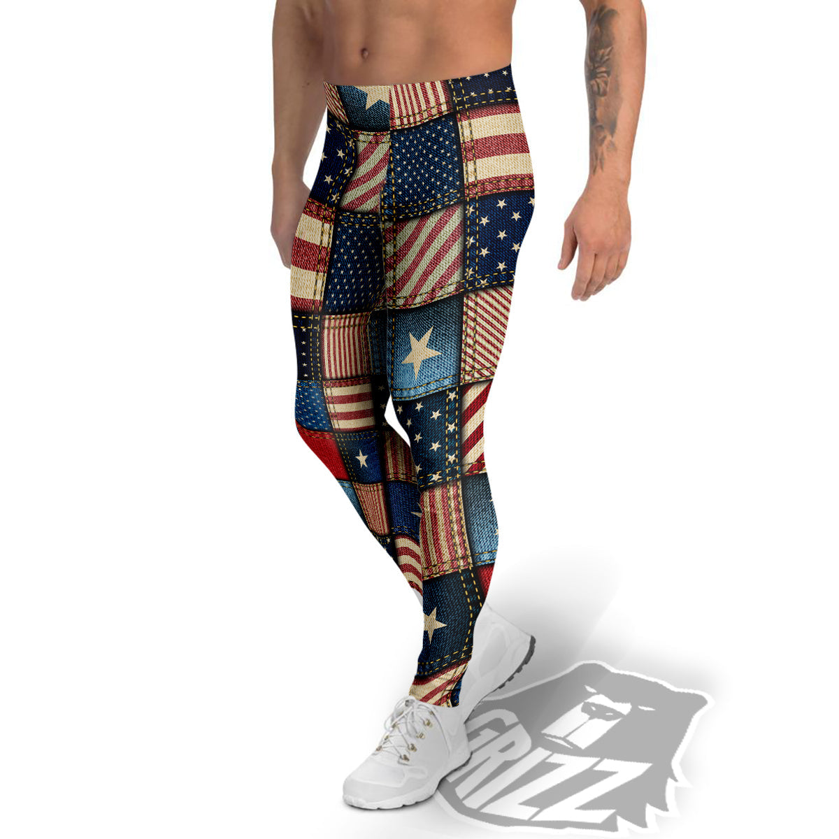 Patchwork Denim American Print Pattern Men's Leggings-grizzshop