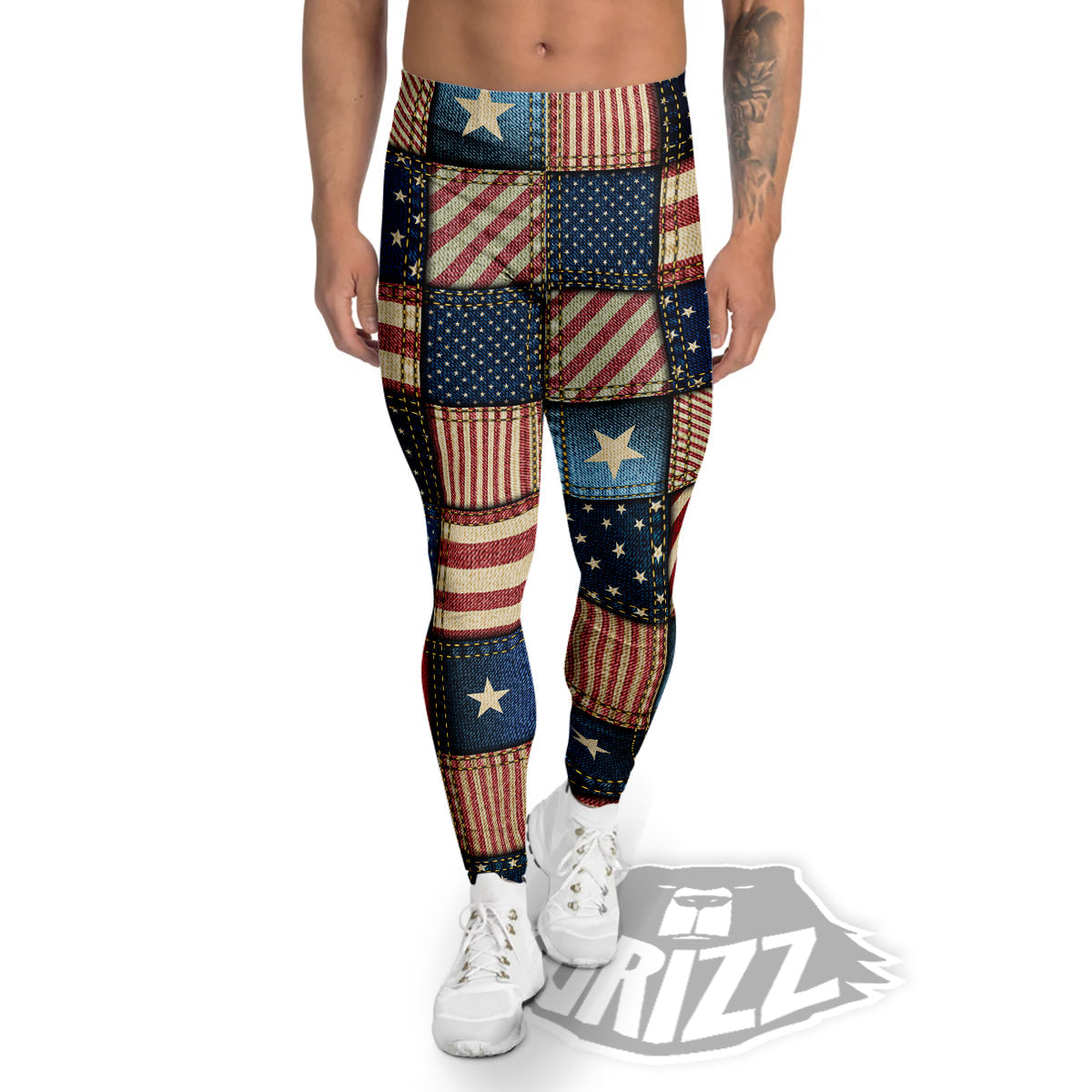 Patchwork Denim American Print Pattern Men's Leggings-grizzshop