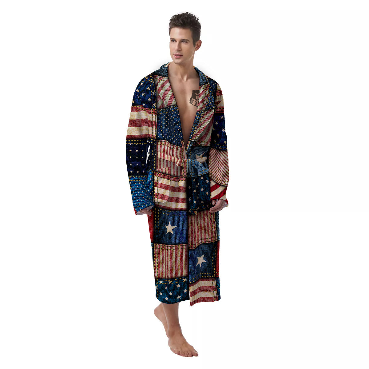 Patchwork Denim American Print Pattern Men's Robe-grizzshop