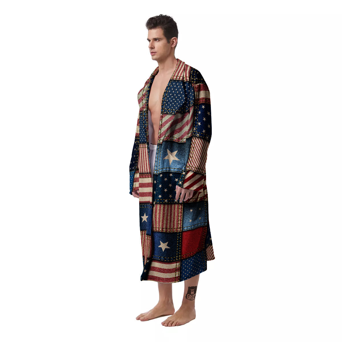 Patchwork Denim American Print Pattern Men's Robe-grizzshop