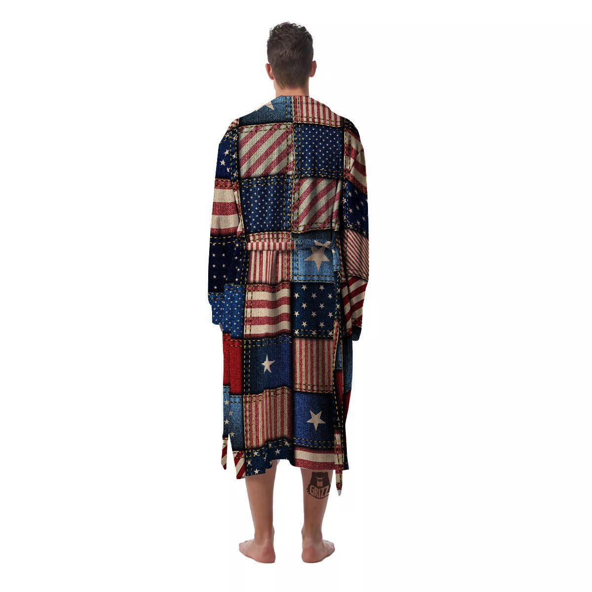 Patchwork Denim American Print Pattern Men's Robe-grizzshop