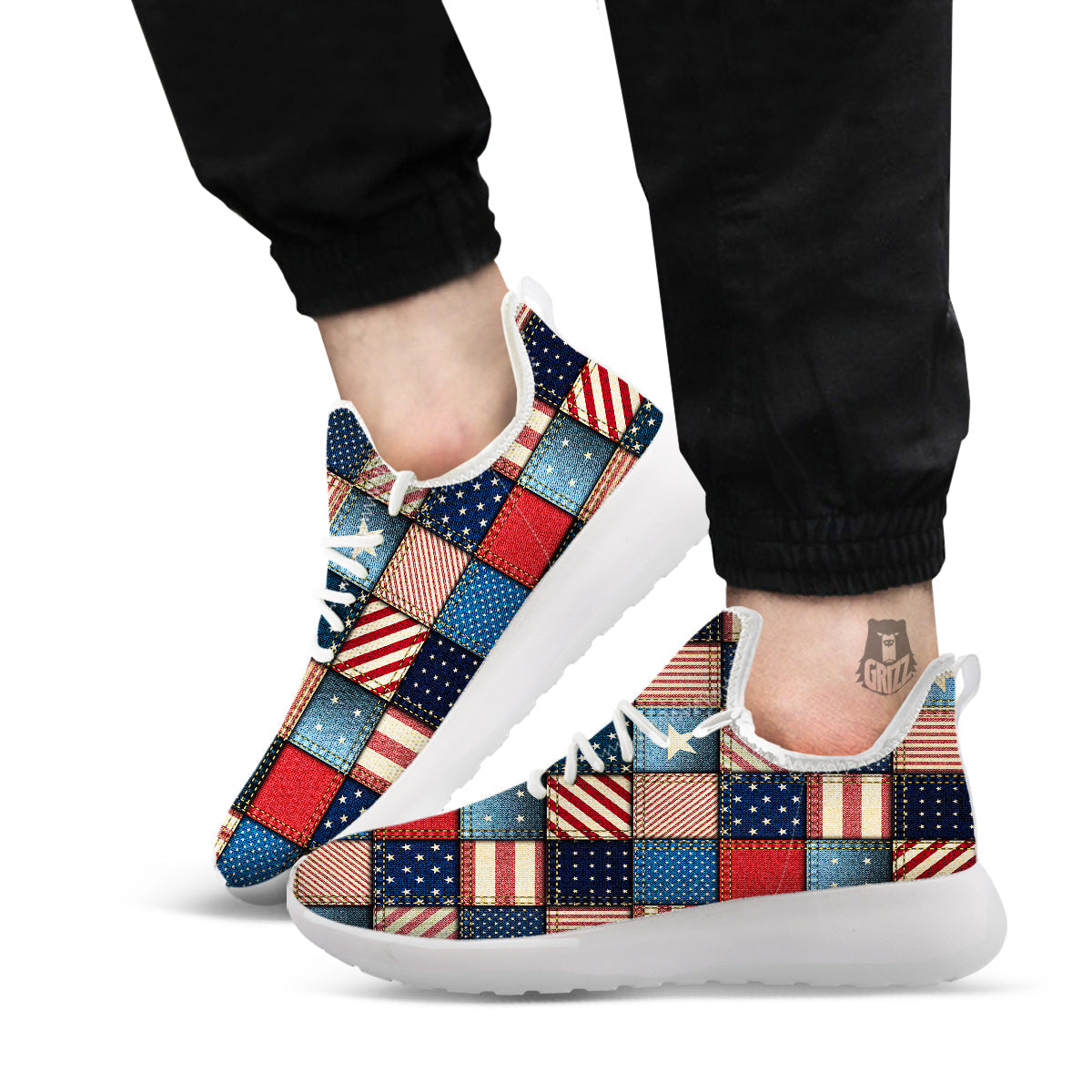 Patchwork Denim American Print Pattern White Athletic Shoes-grizzshop