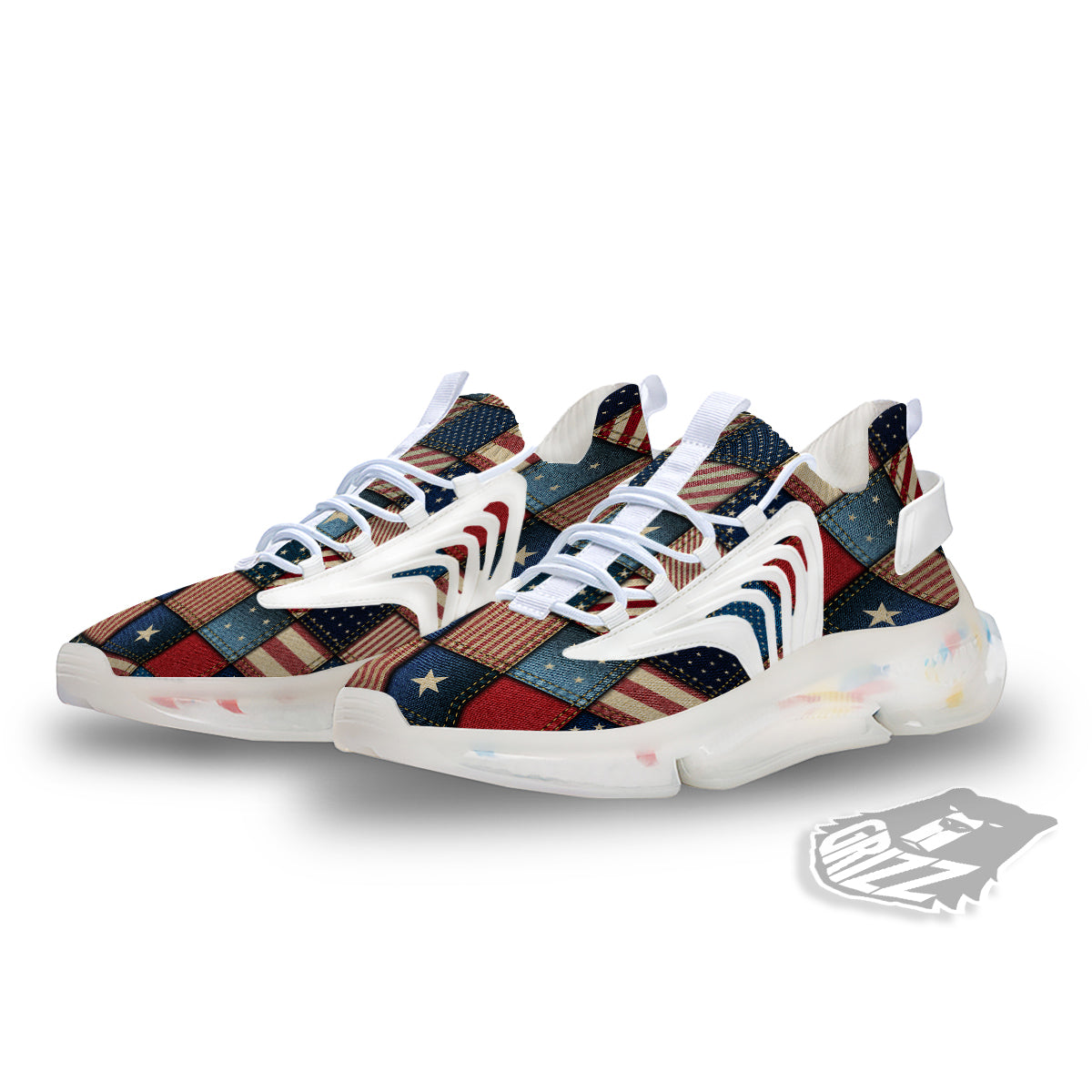 Patchwork Denim American Print Pattern White Gym Shoes-grizzshop