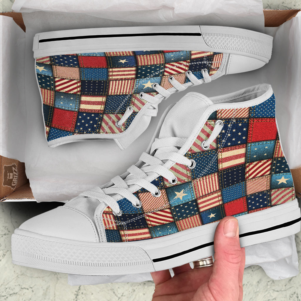 Patchwork Denim American Print Pattern White High Top Shoes-grizzshop