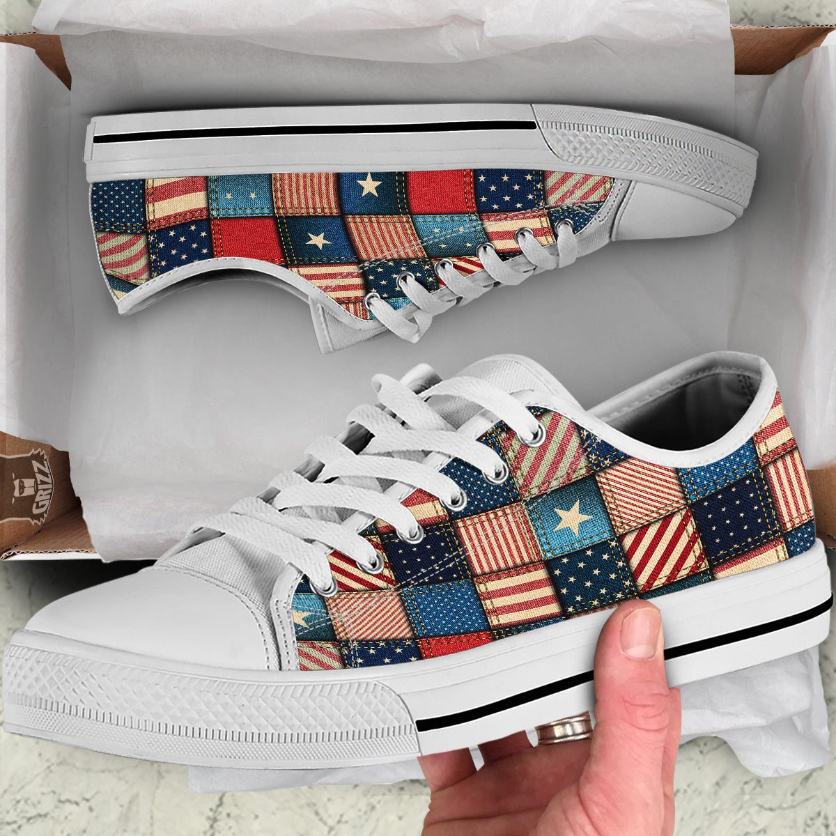 Patchwork Denim American Print Pattern White Low Top Shoes-grizzshop