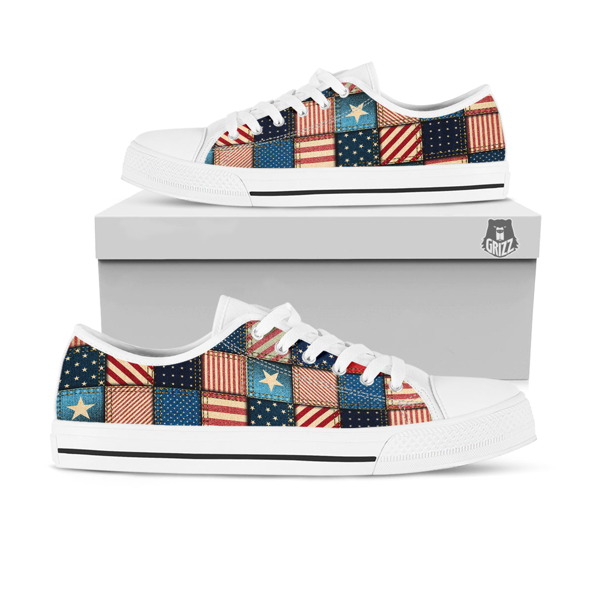 Patchwork Denim American Print Pattern White Low Top Shoes-grizzshop