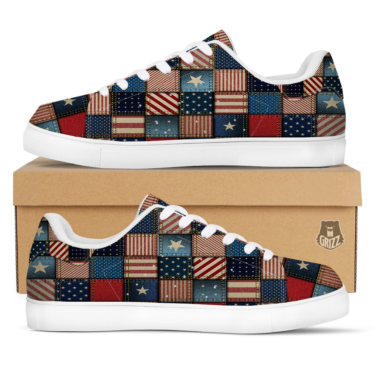 Patchwork Denim American Print Pattern White Low Top Sneakers-grizzshop