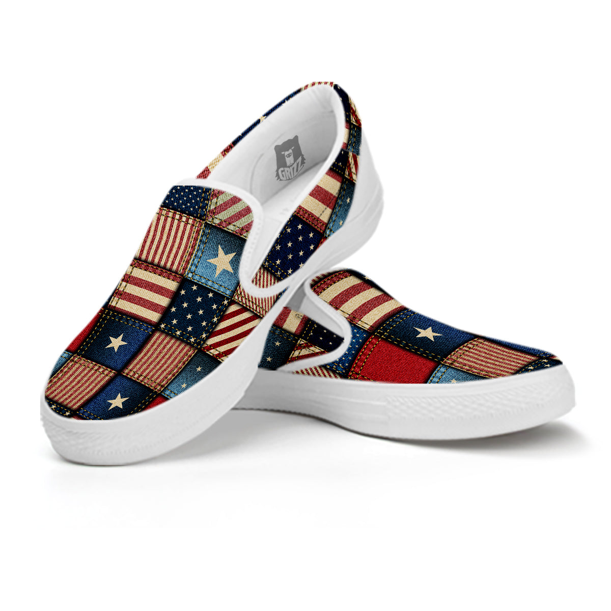 Patchwork Denim American Print Pattern White Slip On Shoes-grizzshop