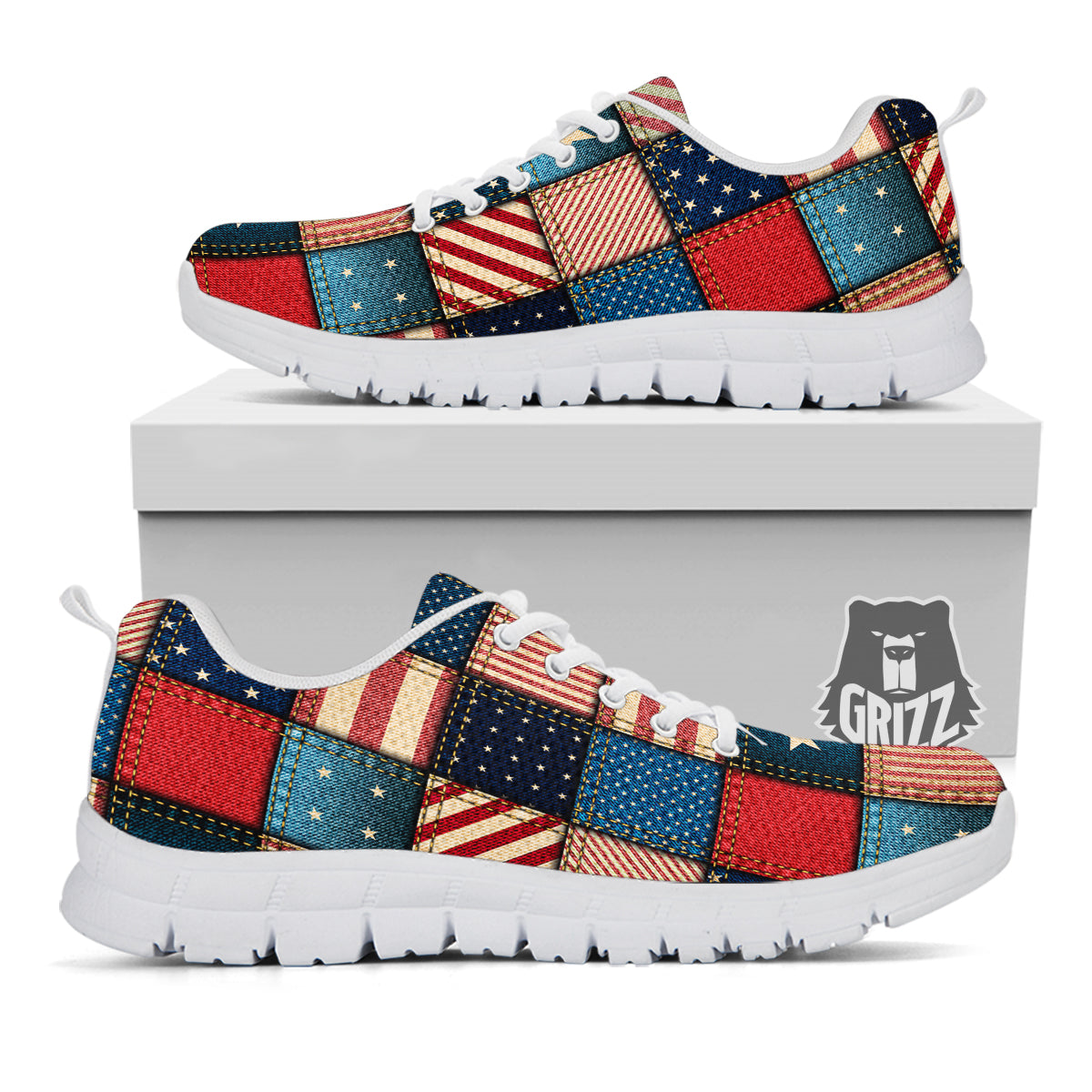 Patchwork Denim American Print Pattern White Sneaker-grizzshop