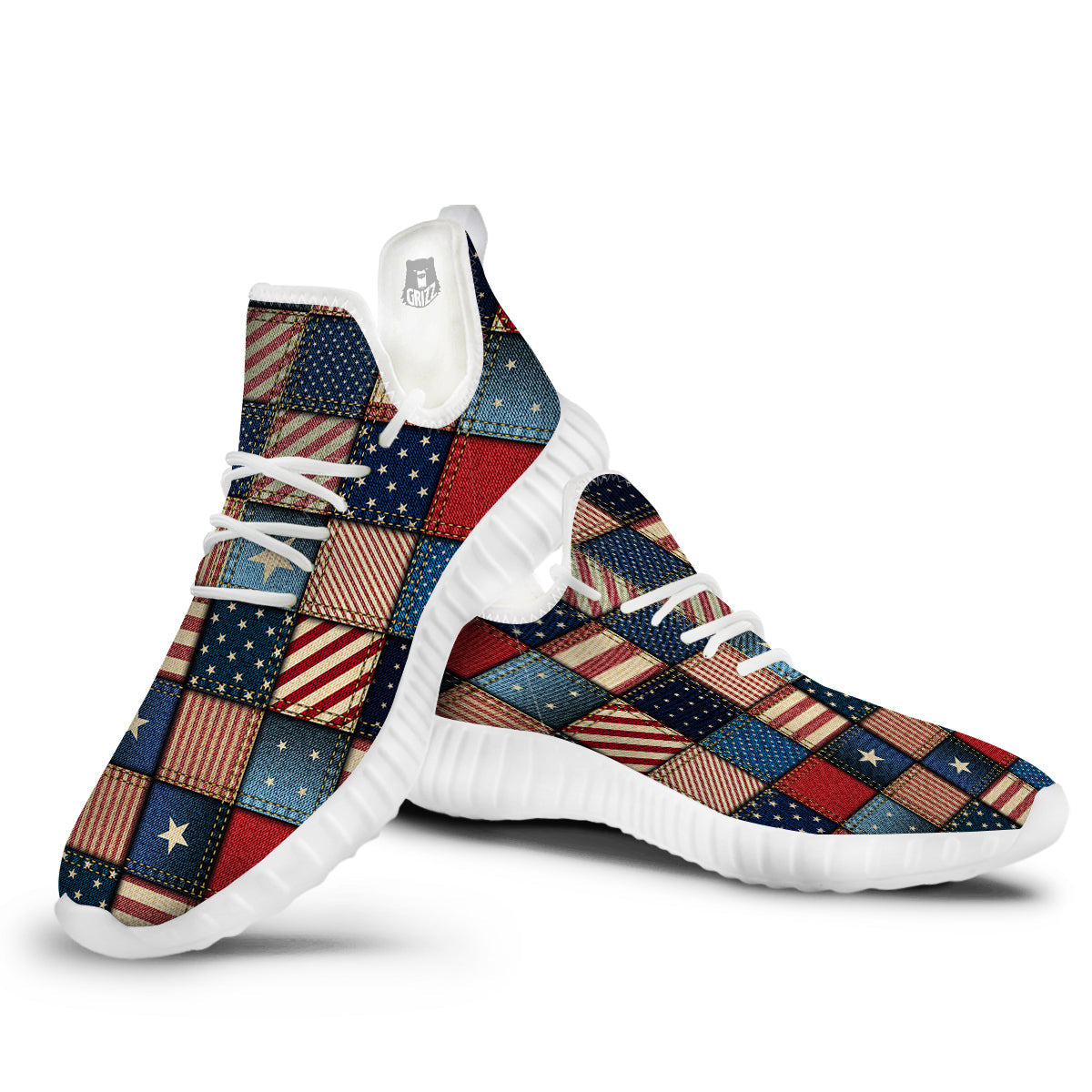 Patchwork Denim American Print Pattern White Walking Shoes-grizzshop
