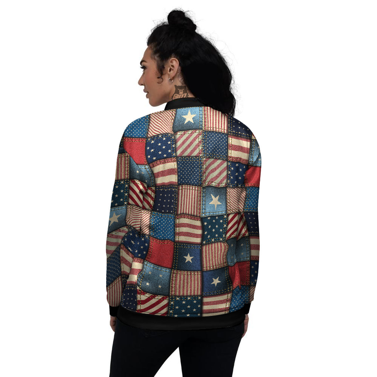 Patchwork Denim American Print Pattern Women's Bomber Jacket-grizzshop