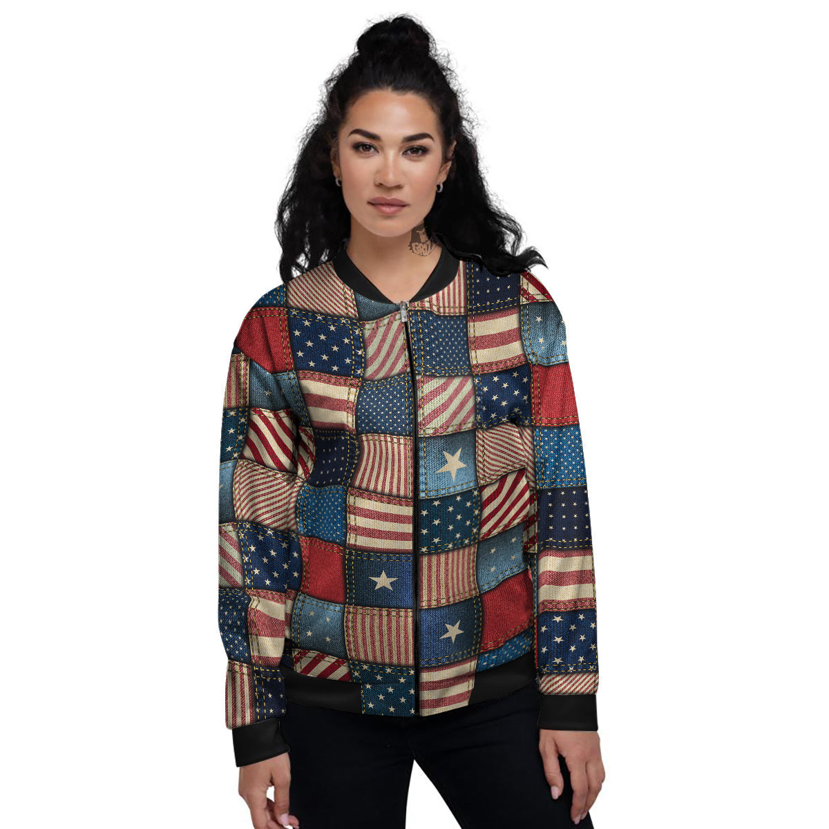 Patchwork Denim American Print Pattern Women's Bomber Jacket-grizzshop