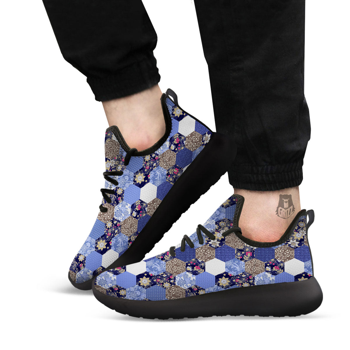 Patchwork Denim And Plaid Print Pattern Black Athletic Shoes-grizzshop