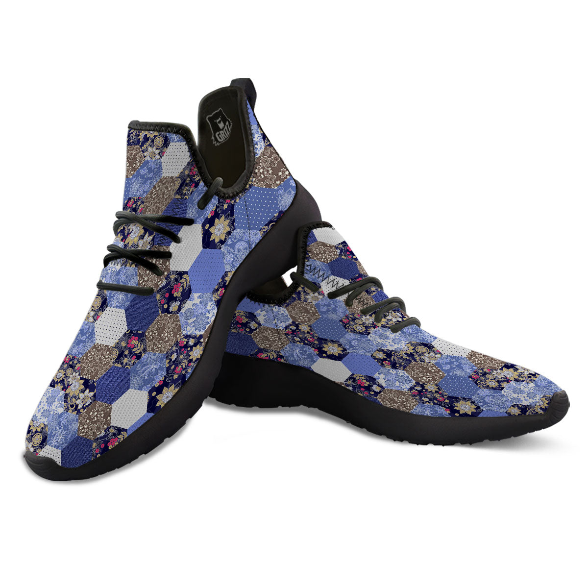 Patchwork Denim And Plaid Print Pattern Black Athletic Shoes-grizzshop