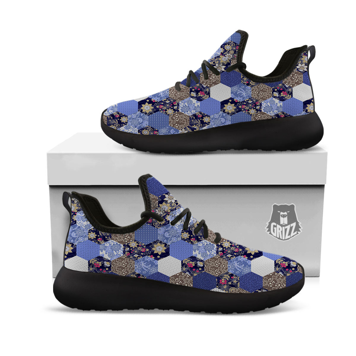 Patchwork Denim And Plaid Print Pattern Black Athletic Shoes-grizzshop