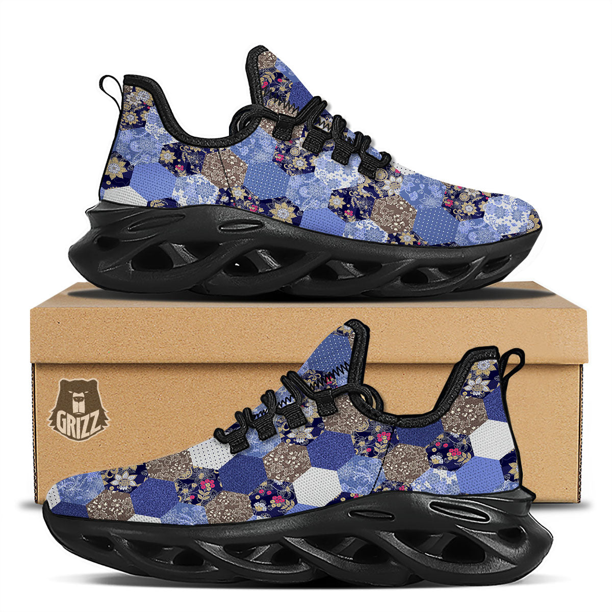Patchwork Denim And Plaid Print Pattern Black Running Shoes-grizzshop