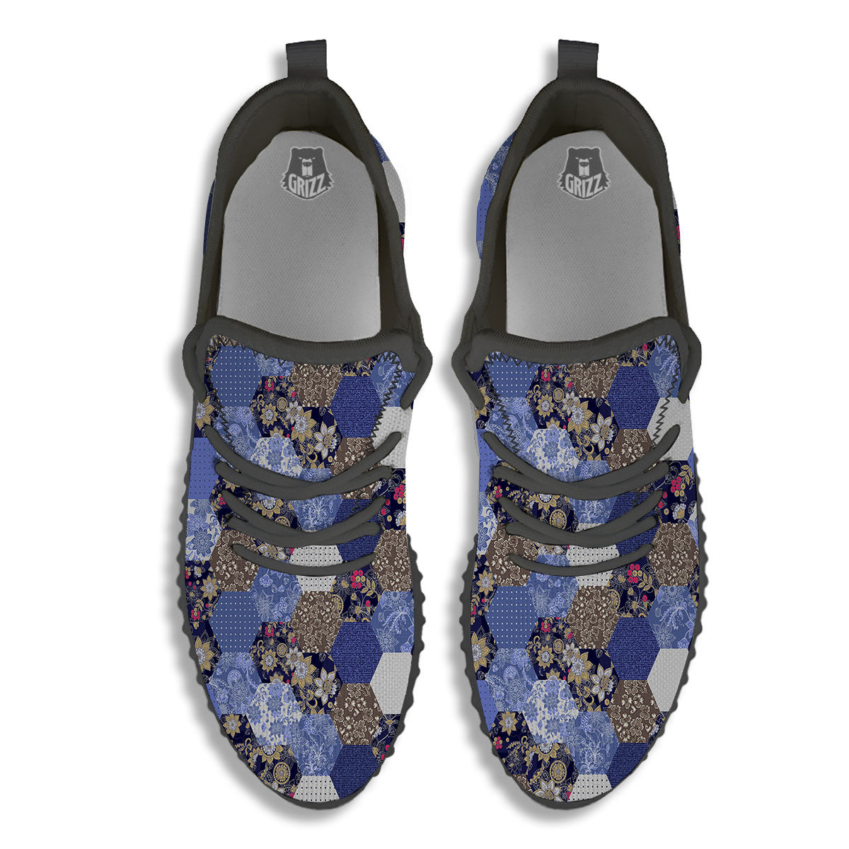 Patchwork Denim And Plaid Print Pattern Black Walking Shoes-grizzshop