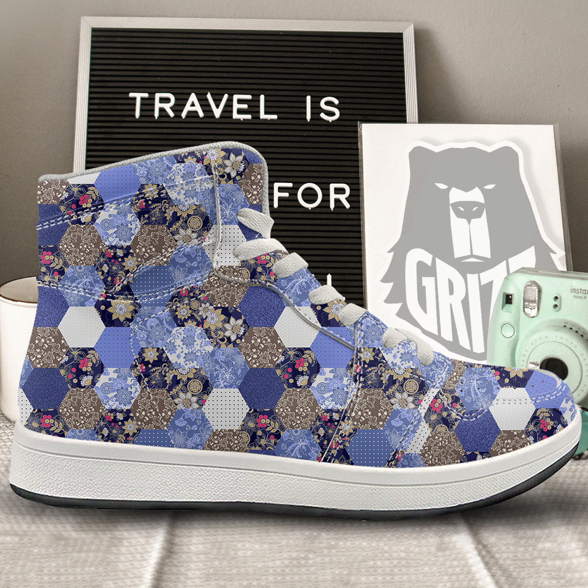 Patchwork Denim And Plaid Print Pattern High Top Sneakers-grizzshop