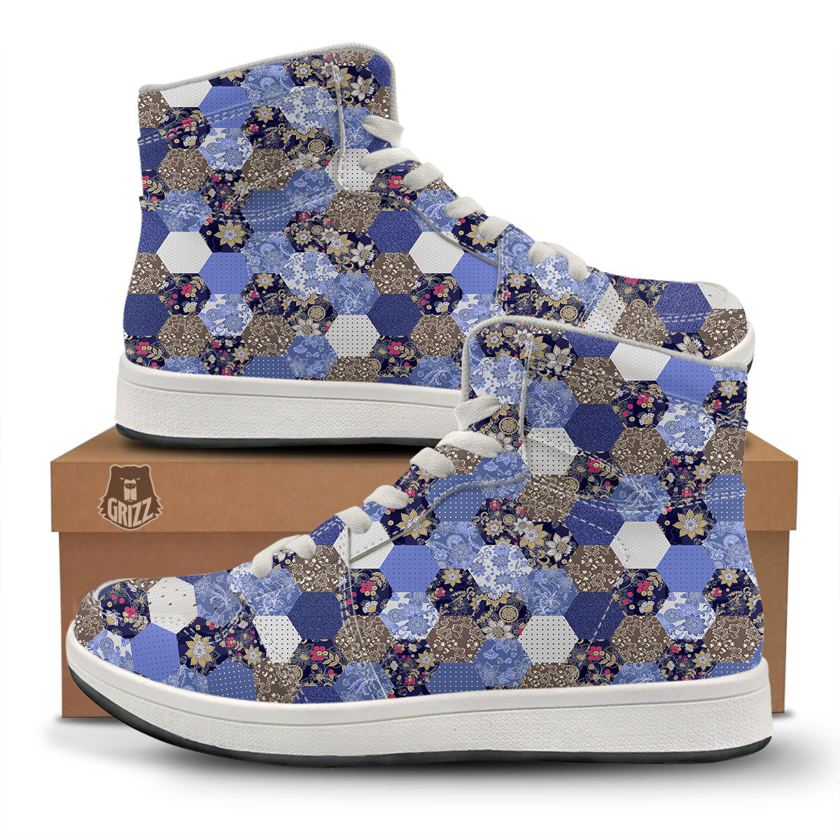 Patchwork Denim And Plaid Print Pattern High Top Sneakers-grizzshop