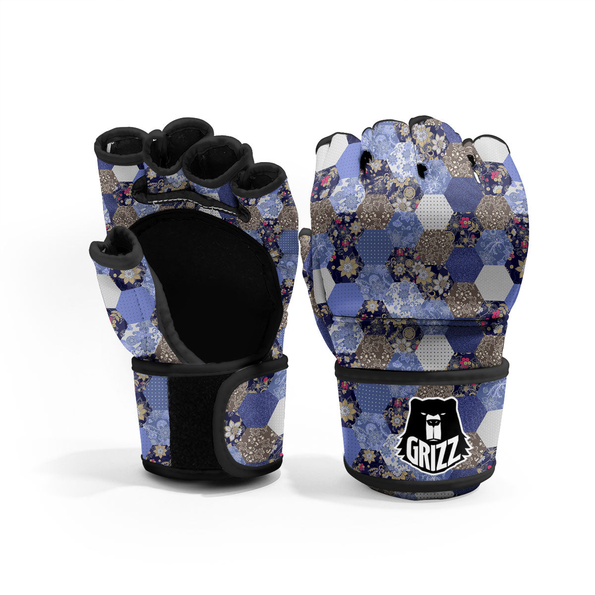 Patchwork Denim And Plaid Print Pattern MMA Gloves-grizzshop
