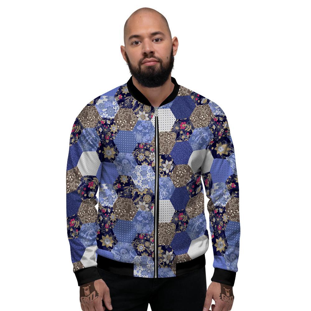 Patchwork Denim And Plaid Print Pattern Men's Bomber Jacket-grizzshop