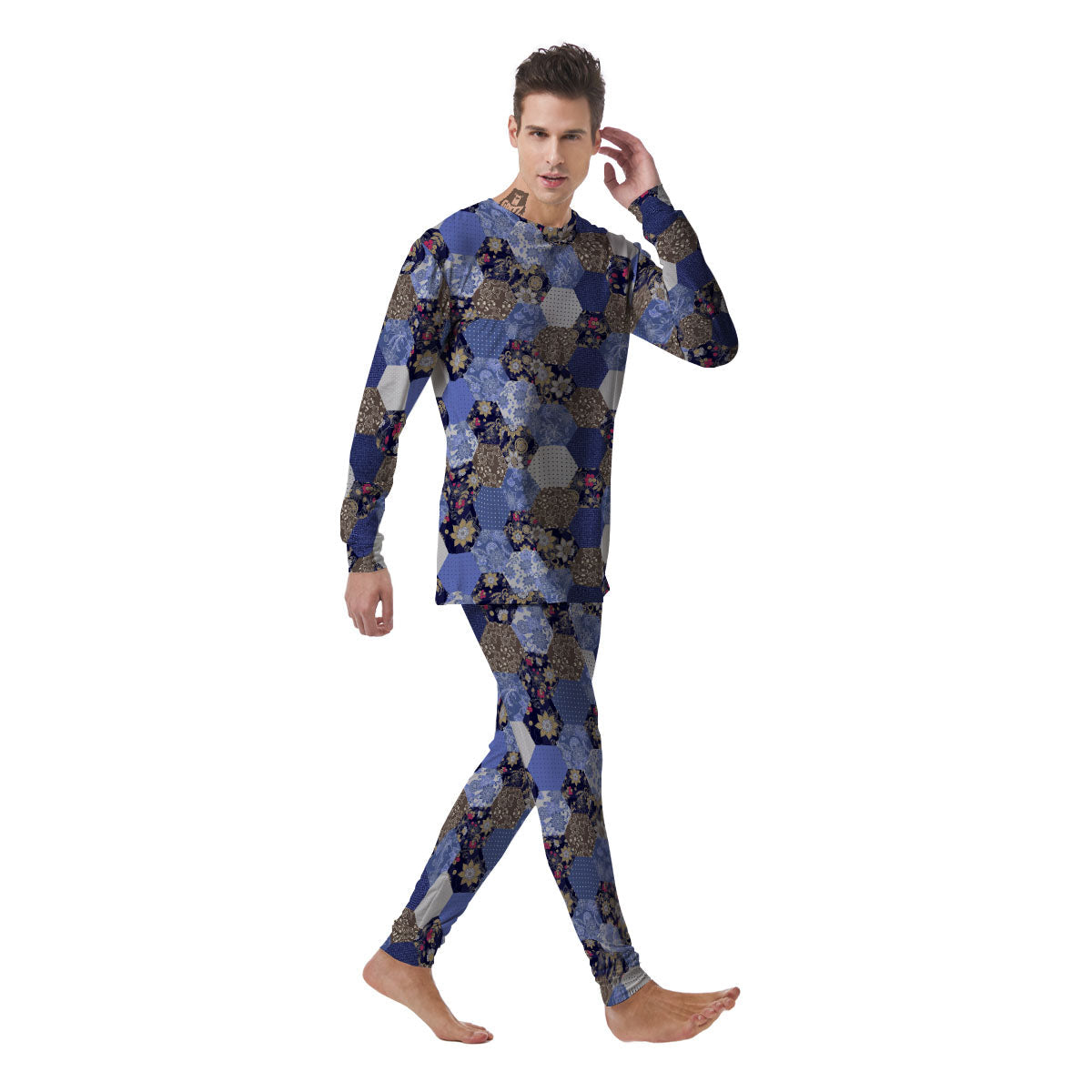Patchwork Denim And Plaid Print Pattern Men's Pajamas-grizzshop