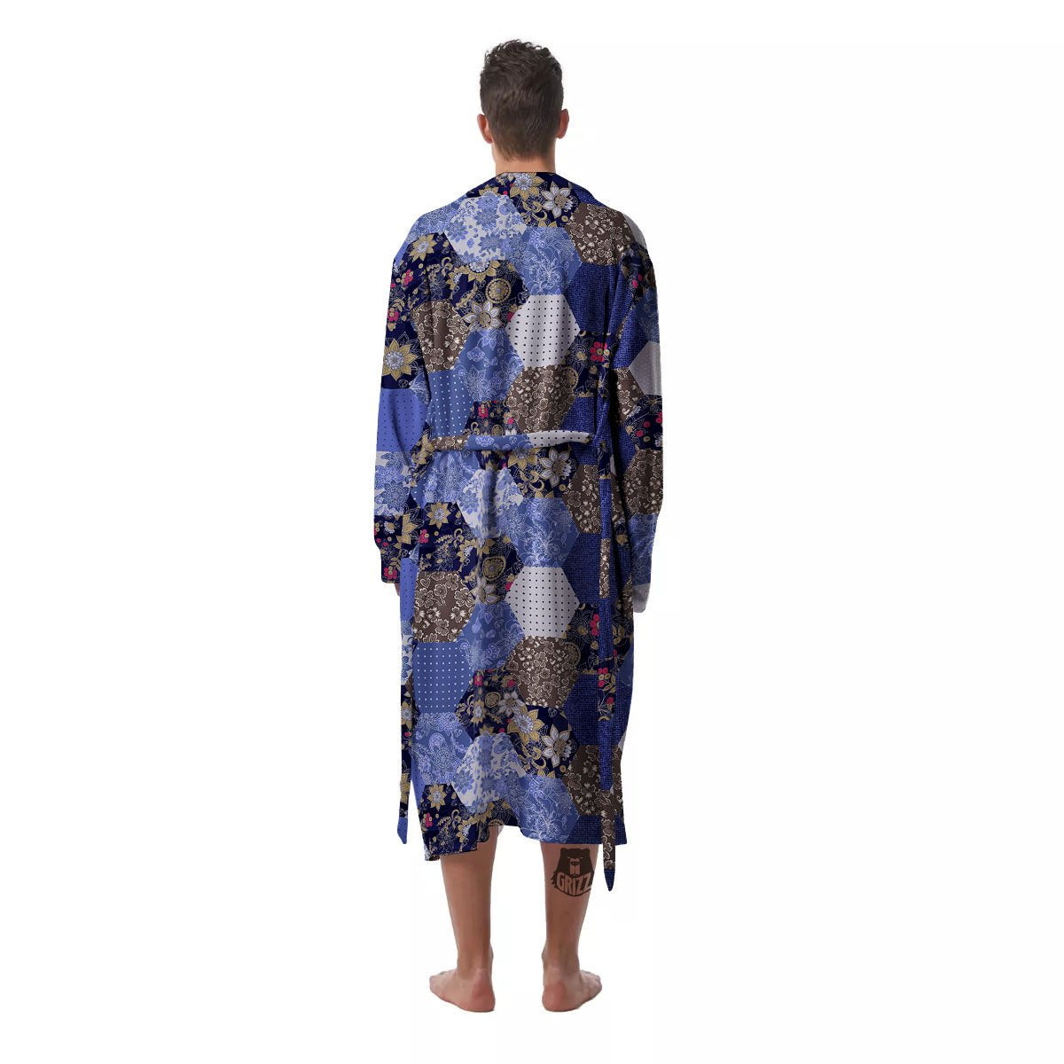 Patchwork Denim And Plaid Print Pattern Men's Robe-grizzshop
