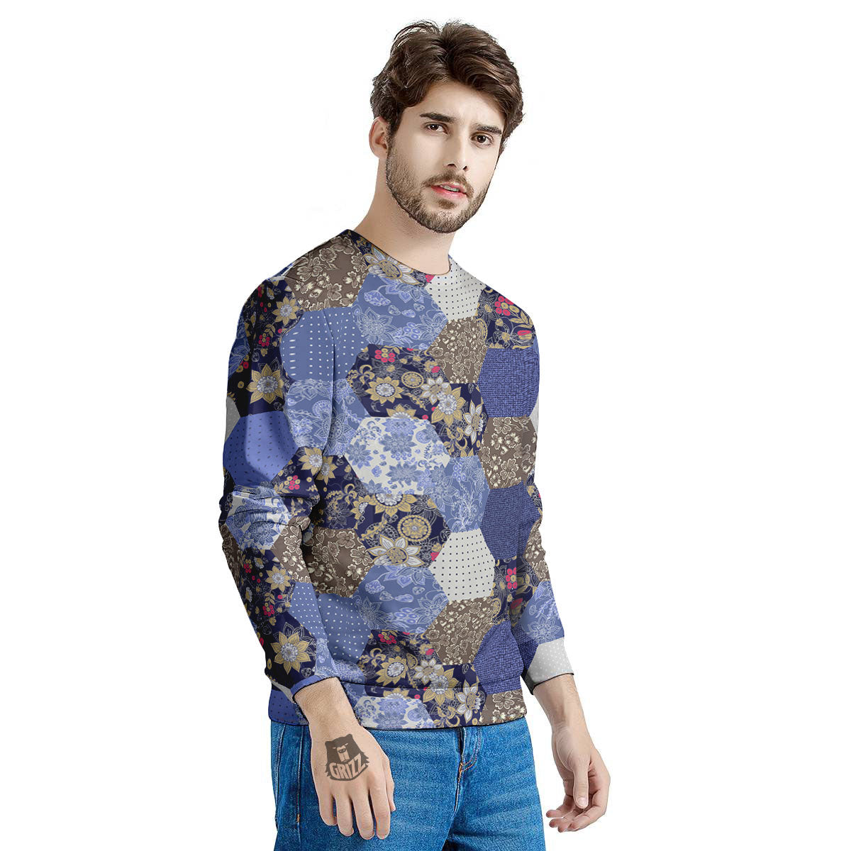 Patchwork Denim And Plaid Print Pattern Men's Sweatshirt-grizzshop