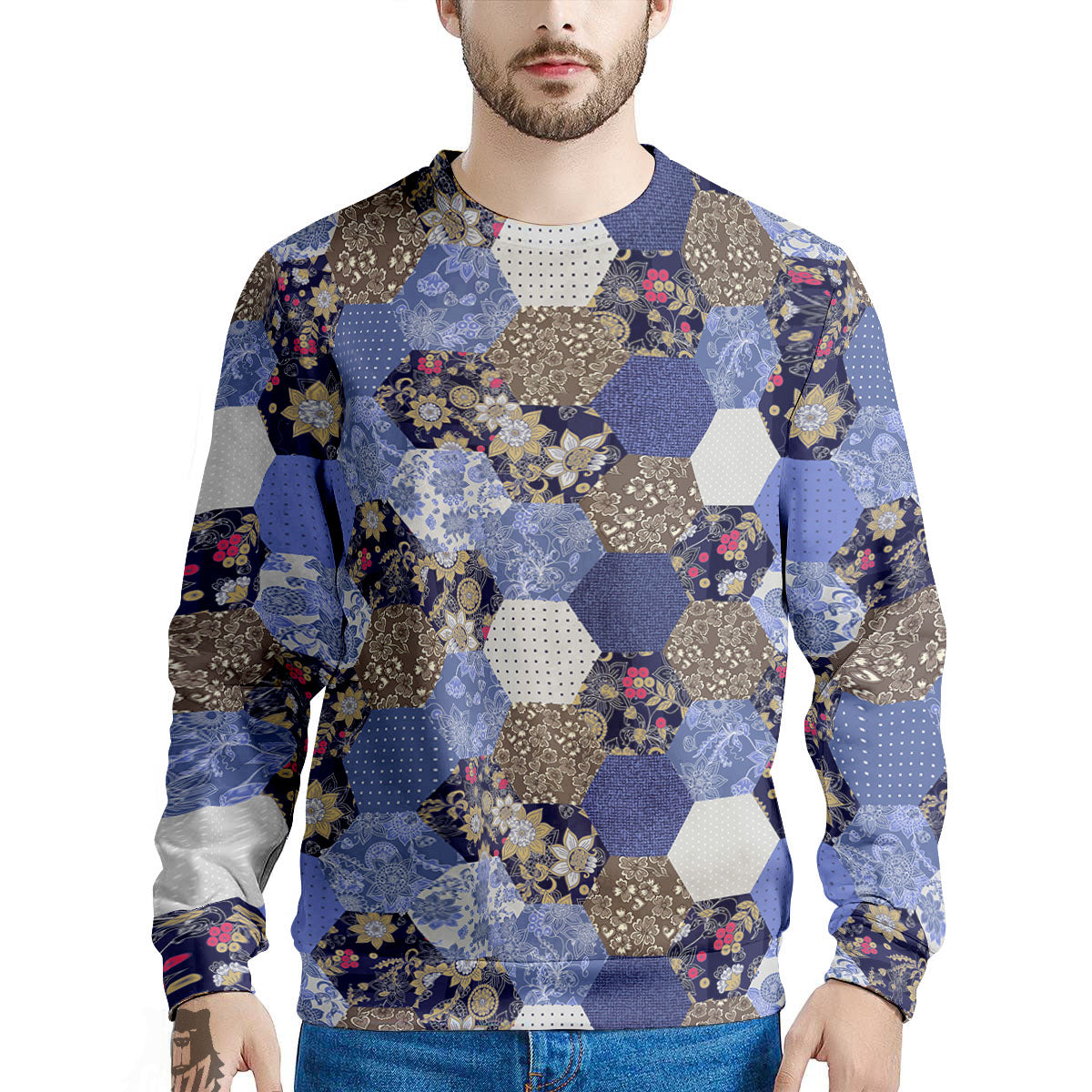 Patchwork Denim And Plaid Print Pattern Men's Sweatshirt-grizzshop