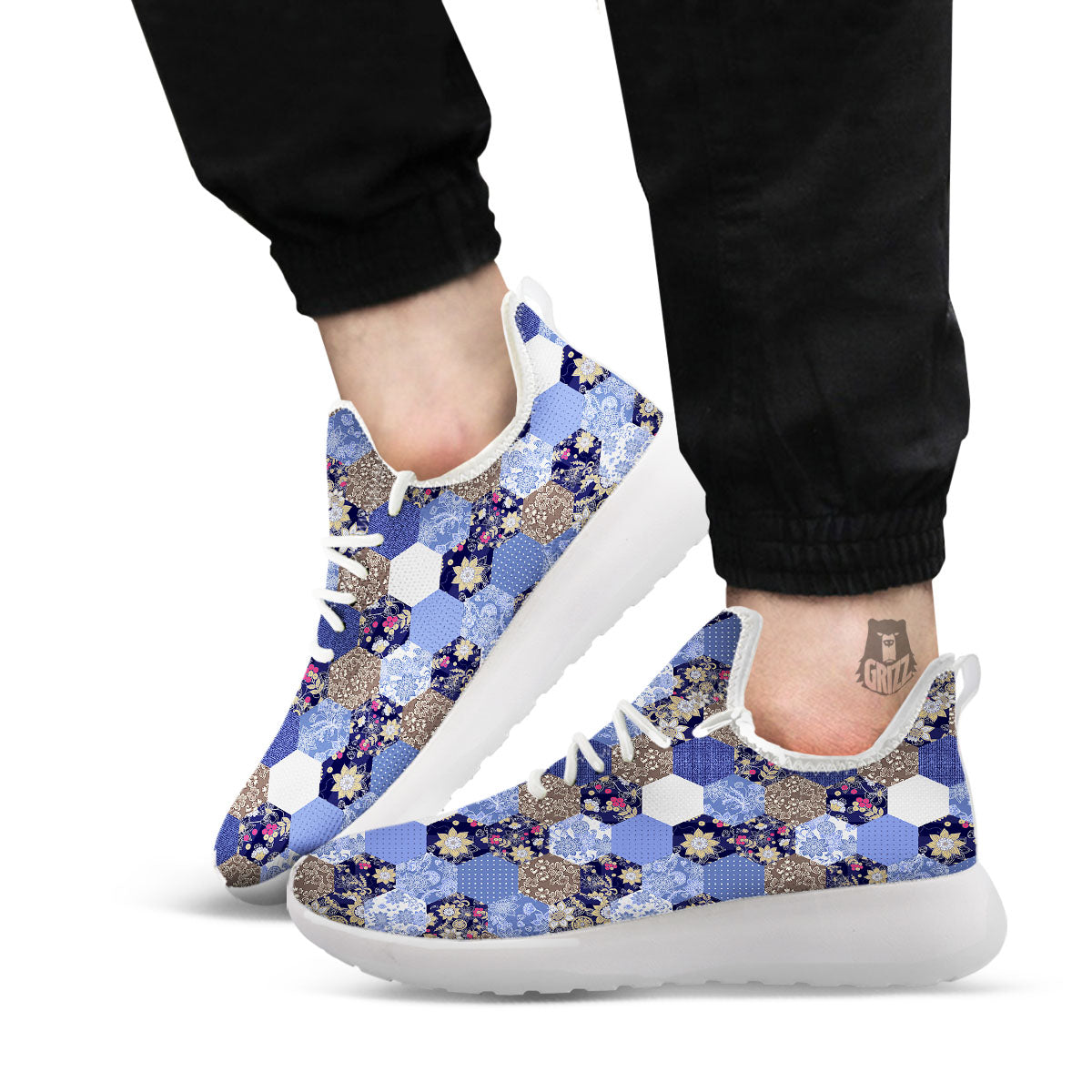 Patchwork Denim And Plaid Print Pattern White Athletic Shoes-grizzshop