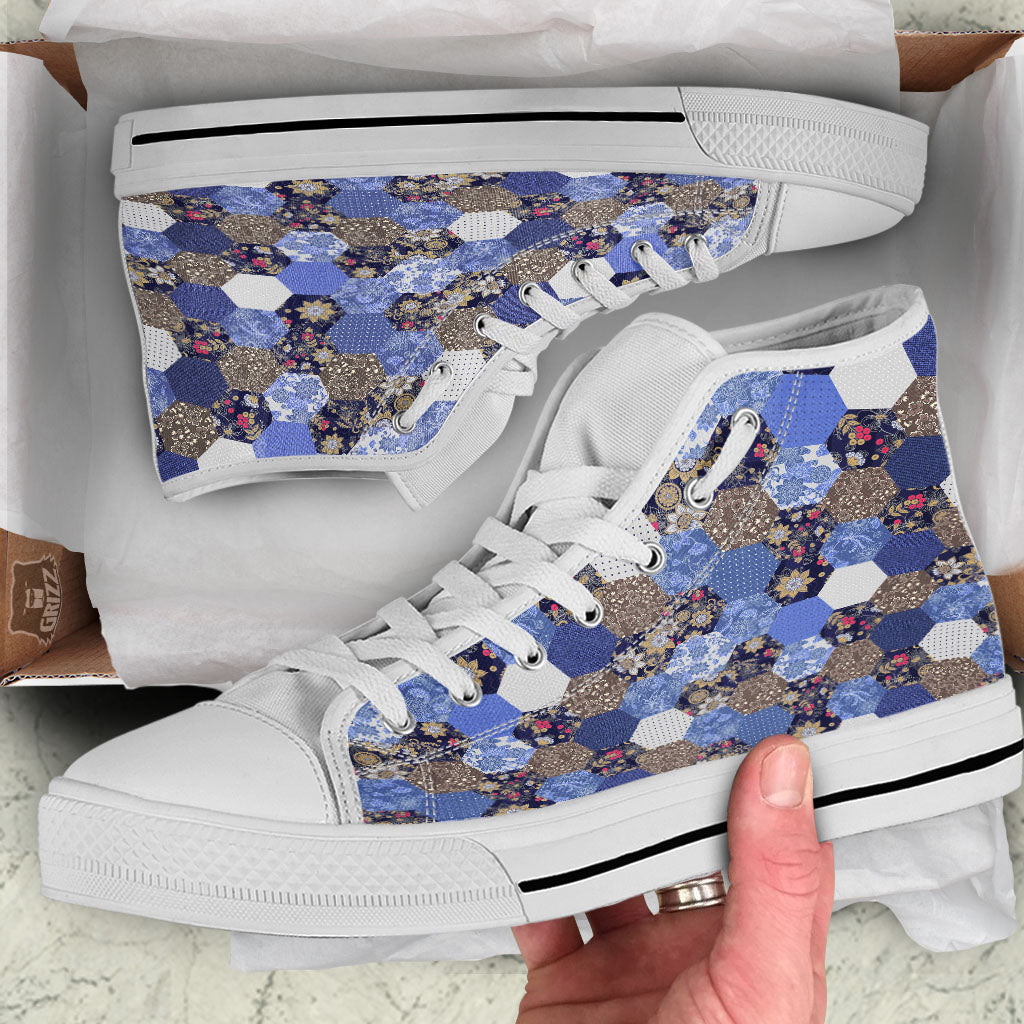 Patchwork Denim And Plaid Print Pattern White High Top Shoes-grizzshop