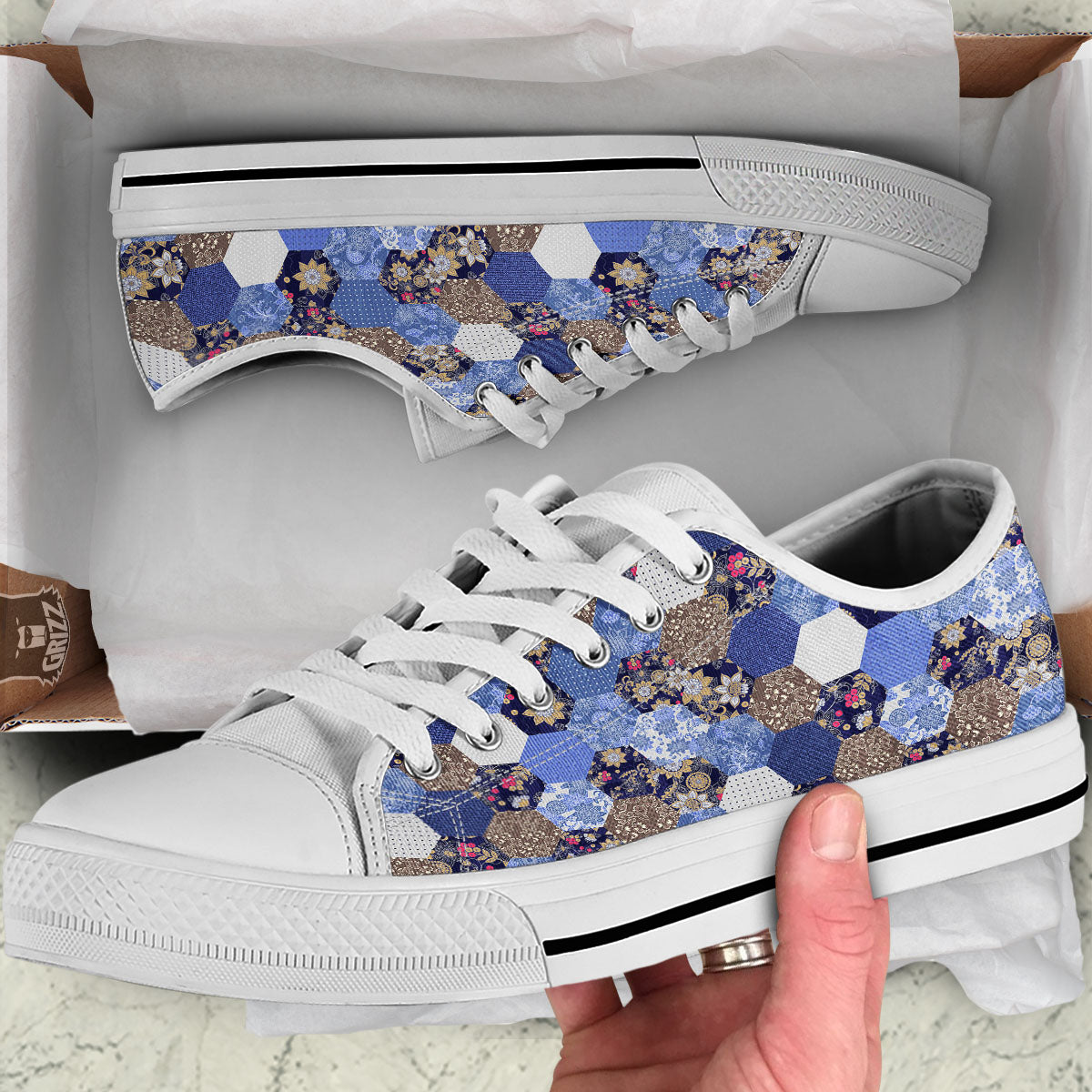 Patchwork Denim And Plaid Print Pattern White Low Top Shoes-grizzshop