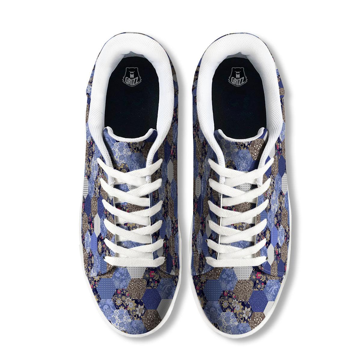 Patchwork Denim And Plaid Print Pattern White Low Top Sneakers-grizzshop