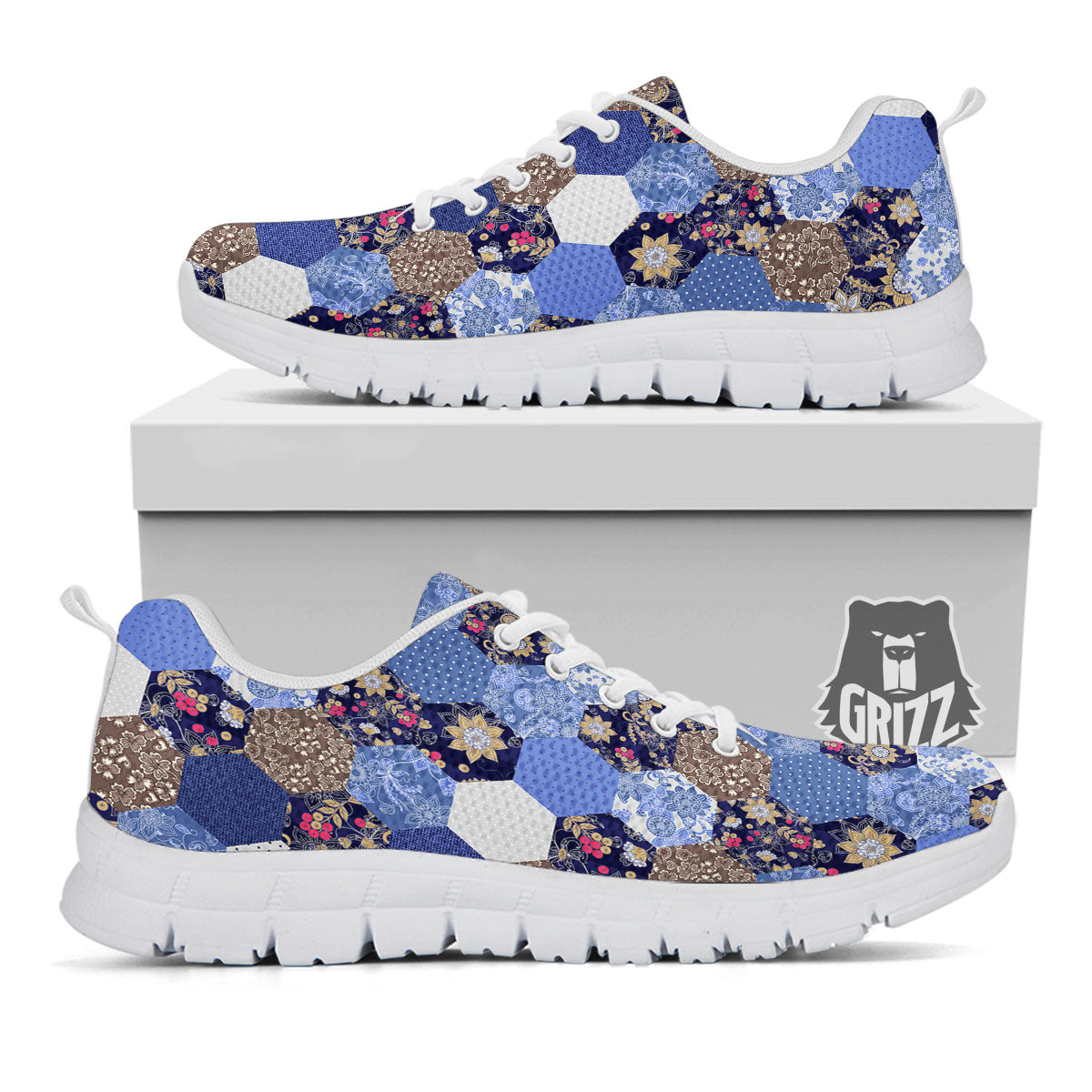 Patchwork Denim And Plaid Print Pattern White Sneaker-grizzshop
