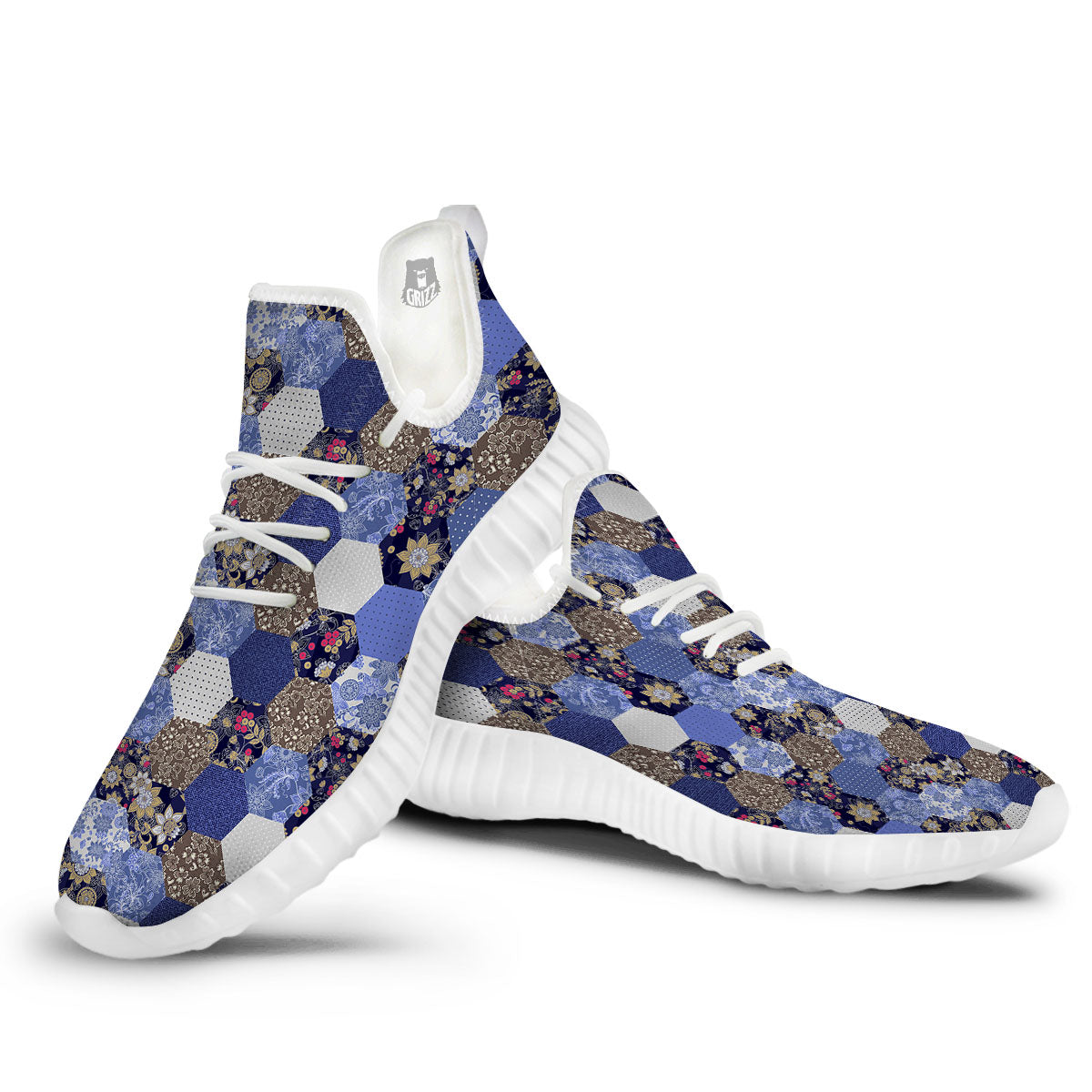Patchwork Denim And Plaid Print Pattern White Walking Shoes-grizzshop