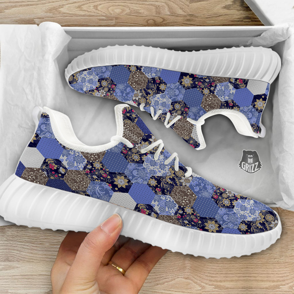 Patchwork Denim And Plaid Print Pattern White Walking Shoes-grizzshop
