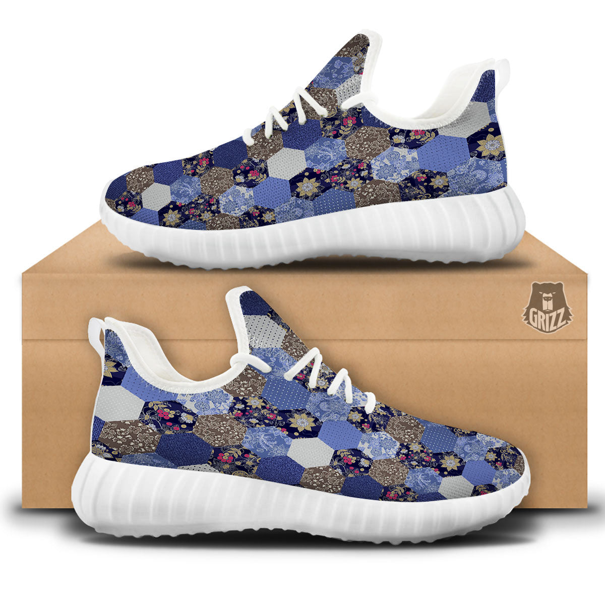 Patchwork Denim And Plaid Print Pattern White Walking Shoes-grizzshop