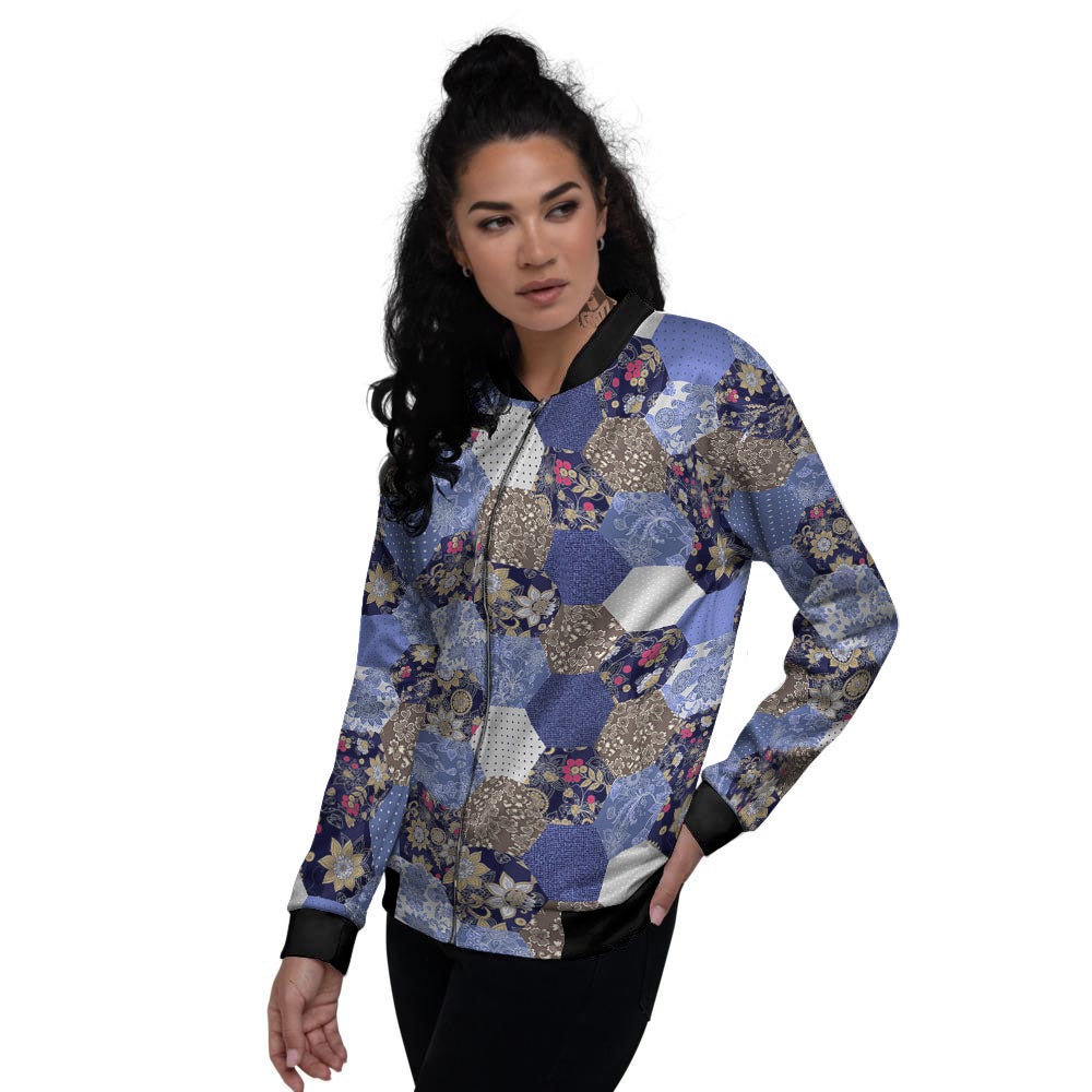 Patchwork Denim And Plaid Print Pattern Women's Bomber Jacket-grizzshop