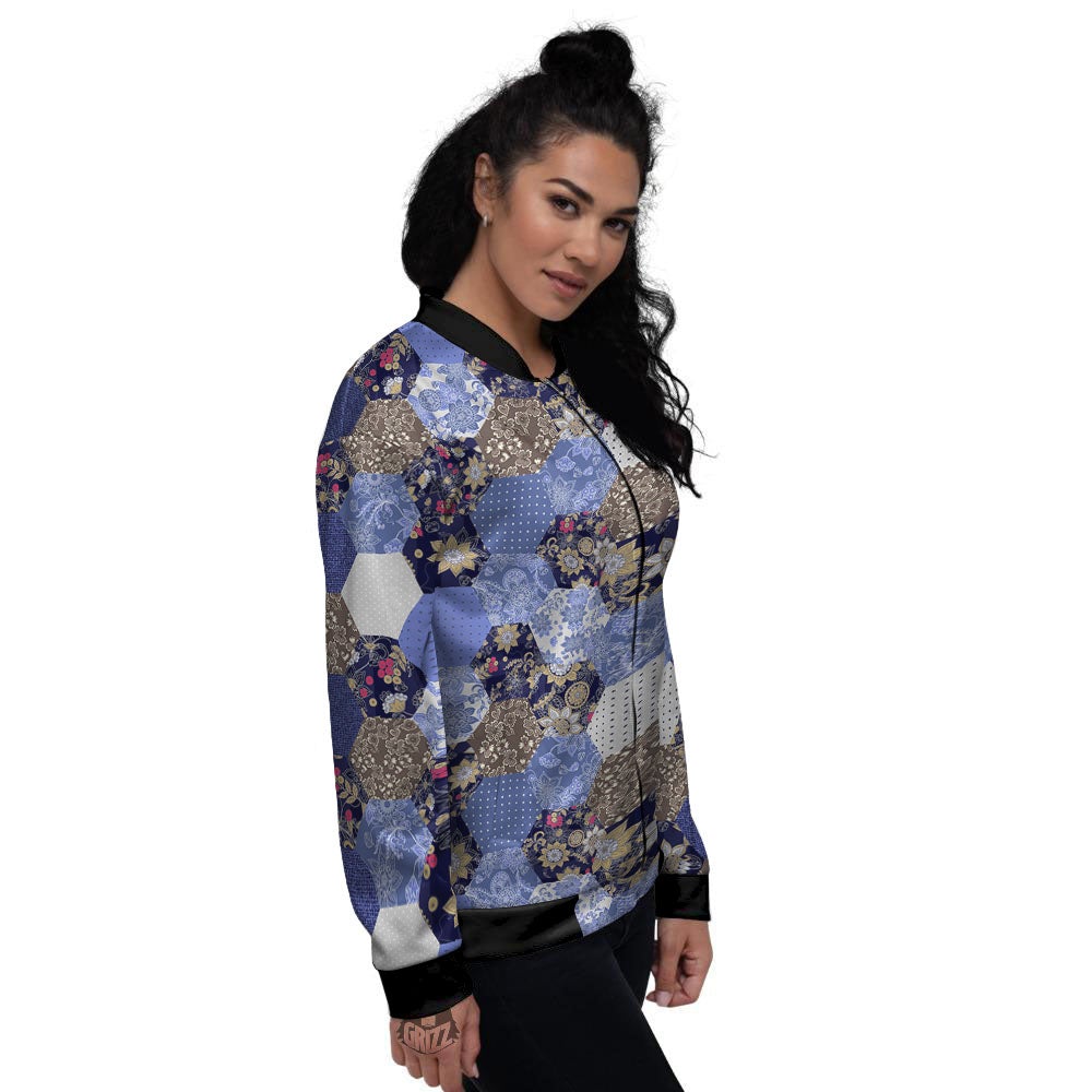 Patchwork Denim And Plaid Print Pattern Women's Bomber Jacket-grizzshop