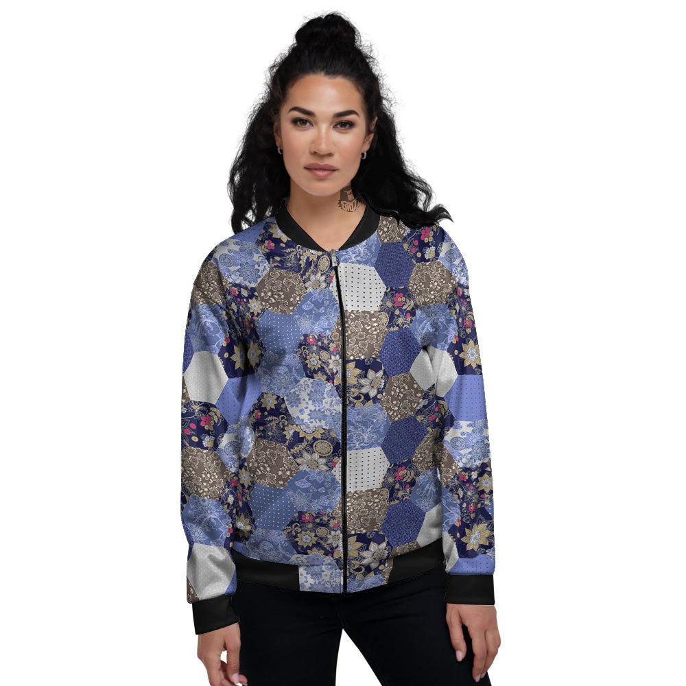 Patchwork Denim And Plaid Print Pattern Women's Bomber Jacket-grizzshop