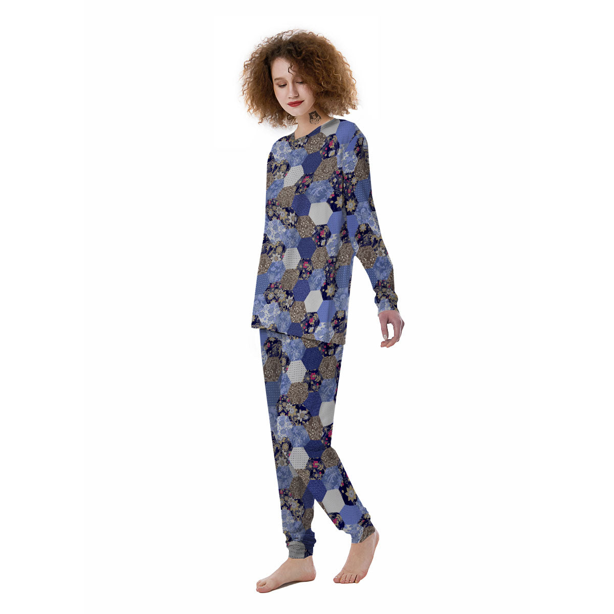 Patchwork Denim And Plaid Print Pattern Women's Pajamas-grizzshop