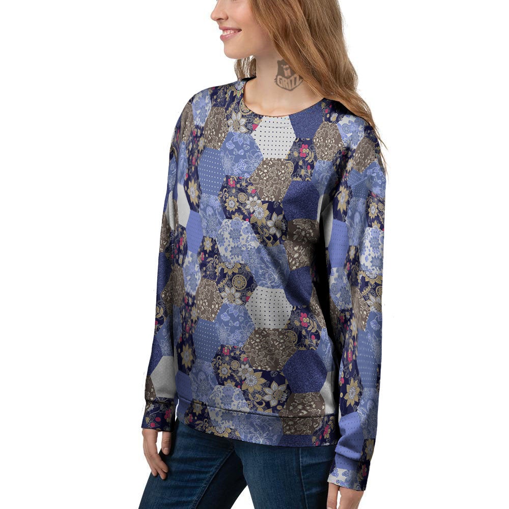 Patchwork Denim And Plaid Print Pattern Women's Sweatshirt-grizzshop